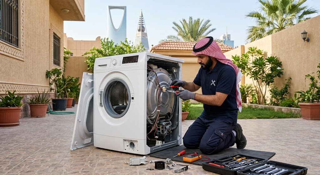 فني صيانة غسالات في حي الرائد بالرياض يقوم بإصلاح غسالة أوتوماتيكية