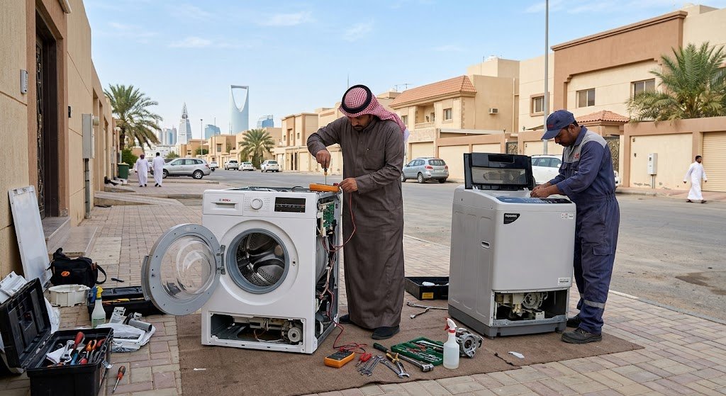 فني صيانة غسالات في حي الظباط بالرياض يقوم بإصلاح غسالة أوتوماتيكية