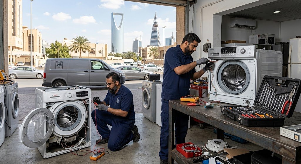 فني صيانة غسالات في حي التعاون بالرياض يقوم بإصلاح غسالة أوتوماتيكية