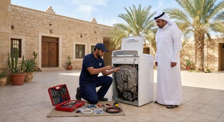 فني متخصص يقوم بفحص وإصلاح الأعطال الميكانيكية والكهربائية للغسالات الأوتوماتيكية باستخدام أدوات متطورة ضمن أعمال صيانة غسالات حي الصالحية بالرياض لضمان استعادة كفاءة التشغيل المثالية