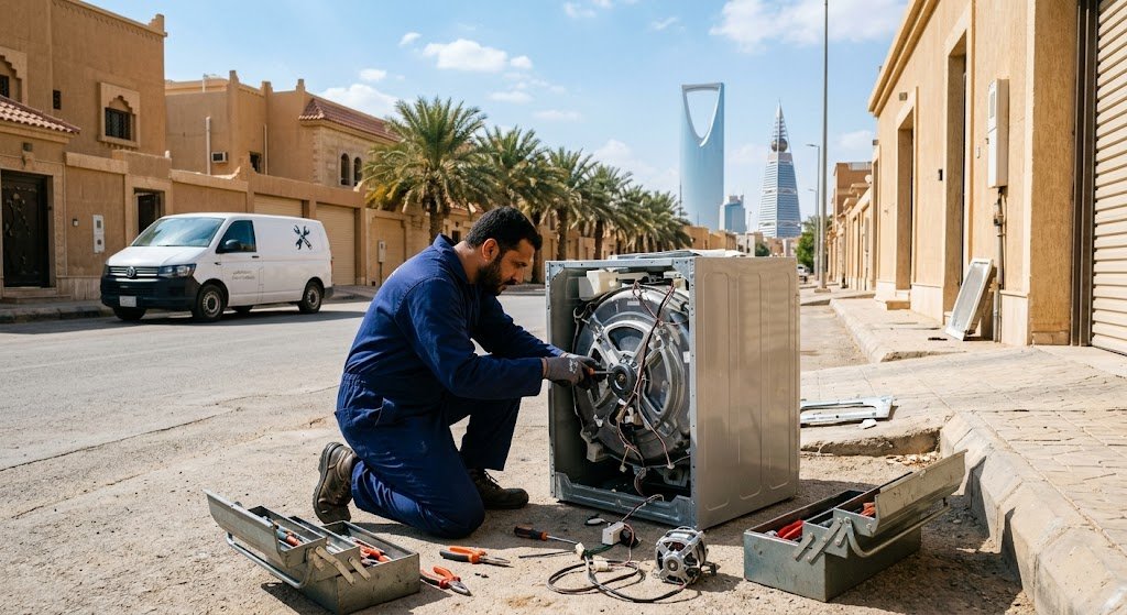 فني متخصص يستخدم أدوات حديثة لفحص وإصلاح غسالة أوتوماتيكية ضمن أعمال صيانة غسالات حي الشهداء بالرياض لضمان استعادة كفاءة التشغيل وتوفير قطع غيار أصلية