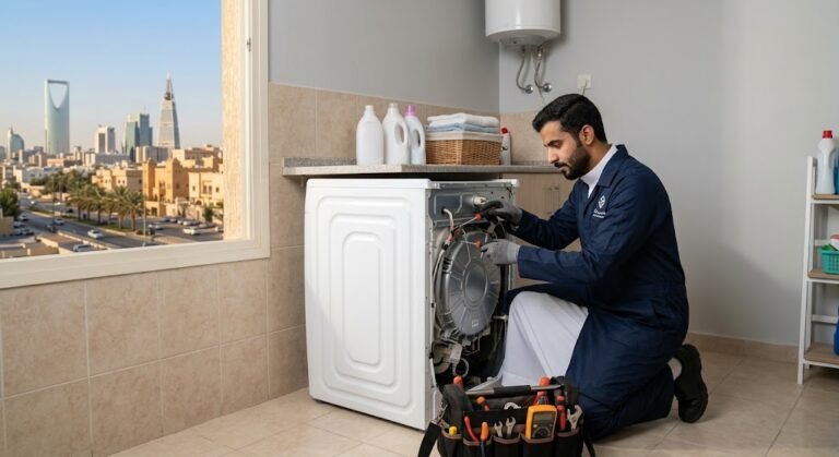 فني متخصص يقوم بصيانة وتصليح الغسالات باحترافية ضمن خدمات صيانة غسالات حي الخليج بالرياض
