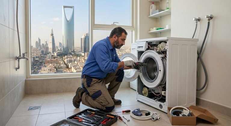 فني متخصص يقوم بفحص وصيانة وإصلاح الغسالات باحترافية وكفاءة ضمن خدمات صيانة غسالات حي الربوه بالرياض
