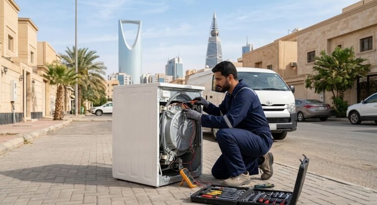 فني يقوم بإصلاح غسالة ملابس ضمن خدمات صيانة غسالات حي النظيم بالرياض