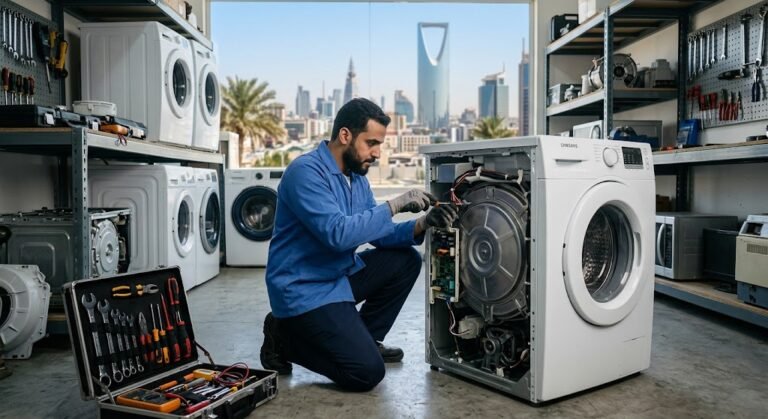 فني متخصص يقوم بفحص وصيانة الغسالات ضمن خدمات صيانة غسالات حي الحمراء بالرياض