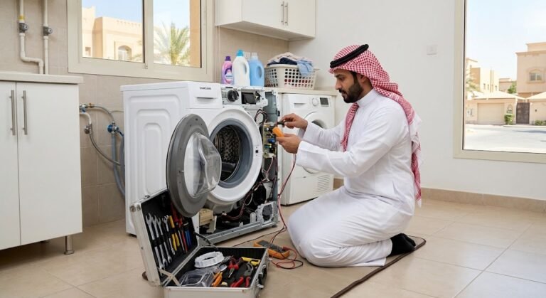 فني متخصص يقوم بصيانة وإصلاح الغسالات باحترافية ضمن خدمات صيانة غسالات حي النهضة بالرياض