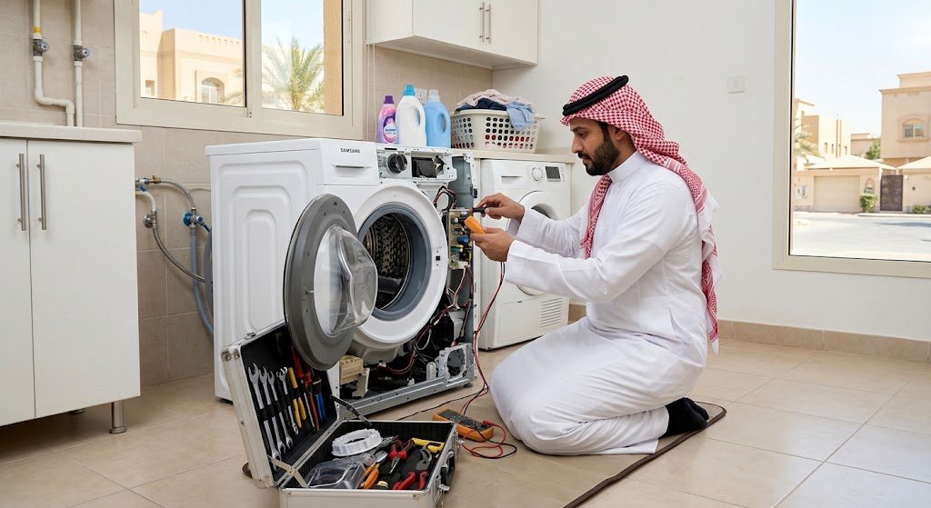 فني متخصص يقوم بصيانة وإصلاح الغسالات باحترافية ضمن خدمات صيانة غسالات حي النهضة بالرياض