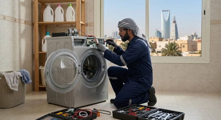 فني متخصص يقوم بصيانة وتصليح الغسالات باحترافية ضمن خدمات صيانة غسالات حي الجزيرة بالرياض